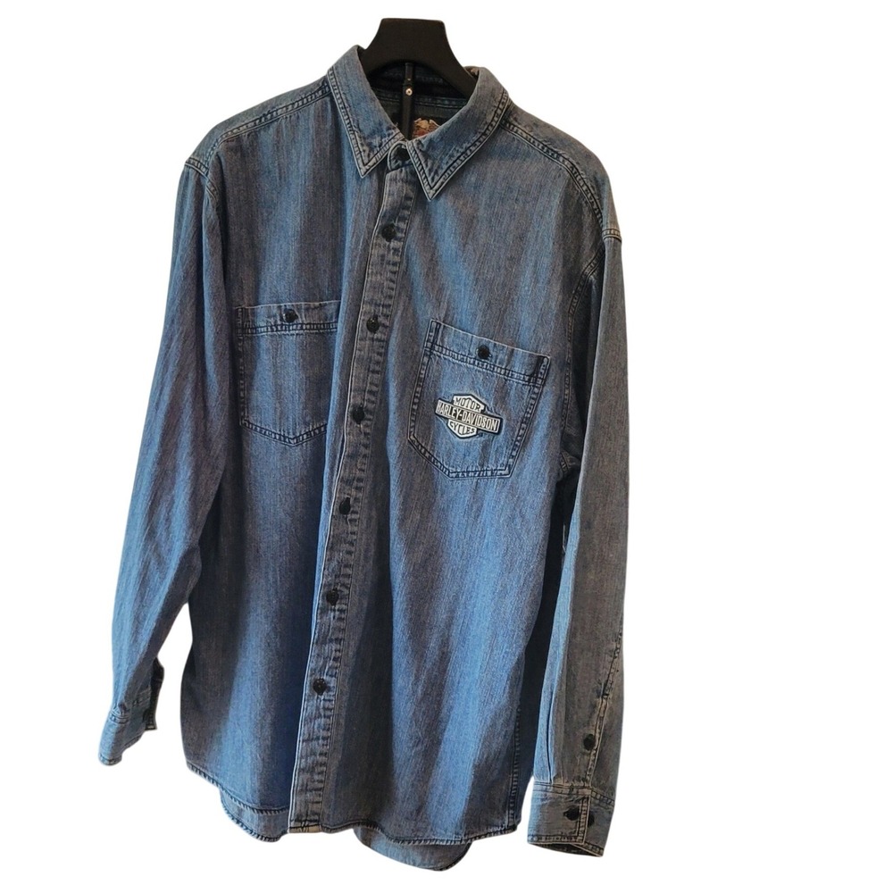Vintage Harley Davidson Mens Denim Button Up Size XL V-Twin Power Biker Shirt